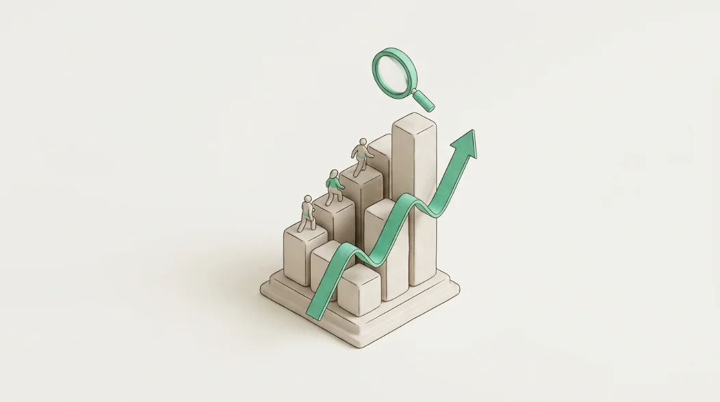 Isometric illustration of rising clay bar-chart columns with a mint line chart weaving upward and a floating magnifier lens