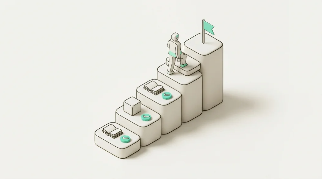 Isometric illustration of an ascending staircase of platform steps holding learning modules, lower steps marked with mint check tokens and a figure climbing toward a mint flag