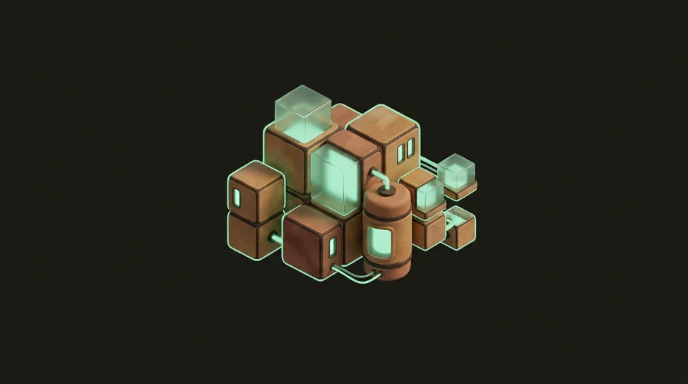 Illustration of a modular machine glowing softly in darkness, its edges rim-lit in mint green
