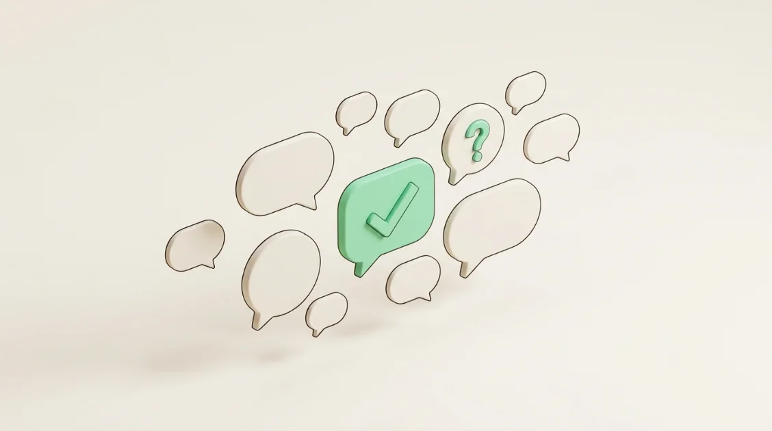 Illustration of floating 3D chat bubbles, one mint bubble embossed with a check mark and another with a question mark